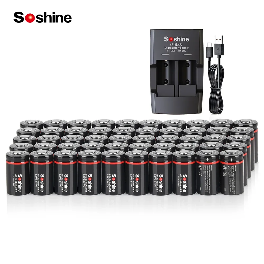 Soshine 50pcs CR2 Rechargeable Battery and Charger 3.2V 300mAh LiFePo4 Battery for Rangefinders Telescopes Electric Smoke Alarms