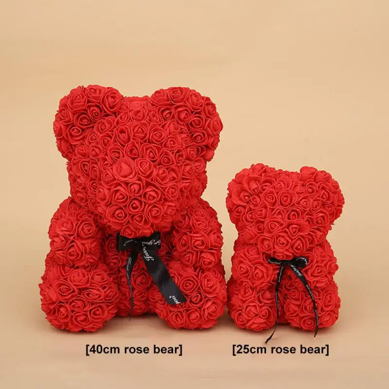 Ours en peluche rose artificielle pour femme, fleur, Saint Valentin, petite amie, cadeau d\'anniversaire, 25 cm, 40cm