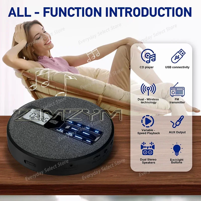 Portable Fabric‑Covered CD Walkman Player, Dual‑Speaker CD Disc Player with Repeater Function