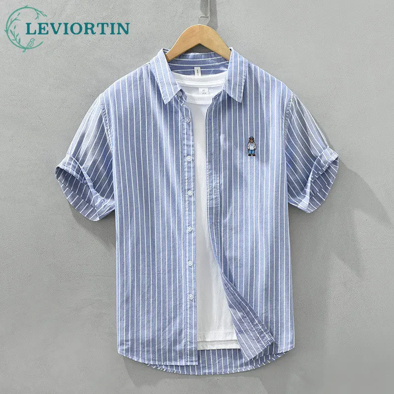 2025 summer Japanese fresh striped casual short sleeved shirt Hong Kong style embroidery artistic versatile collar shirt 8869