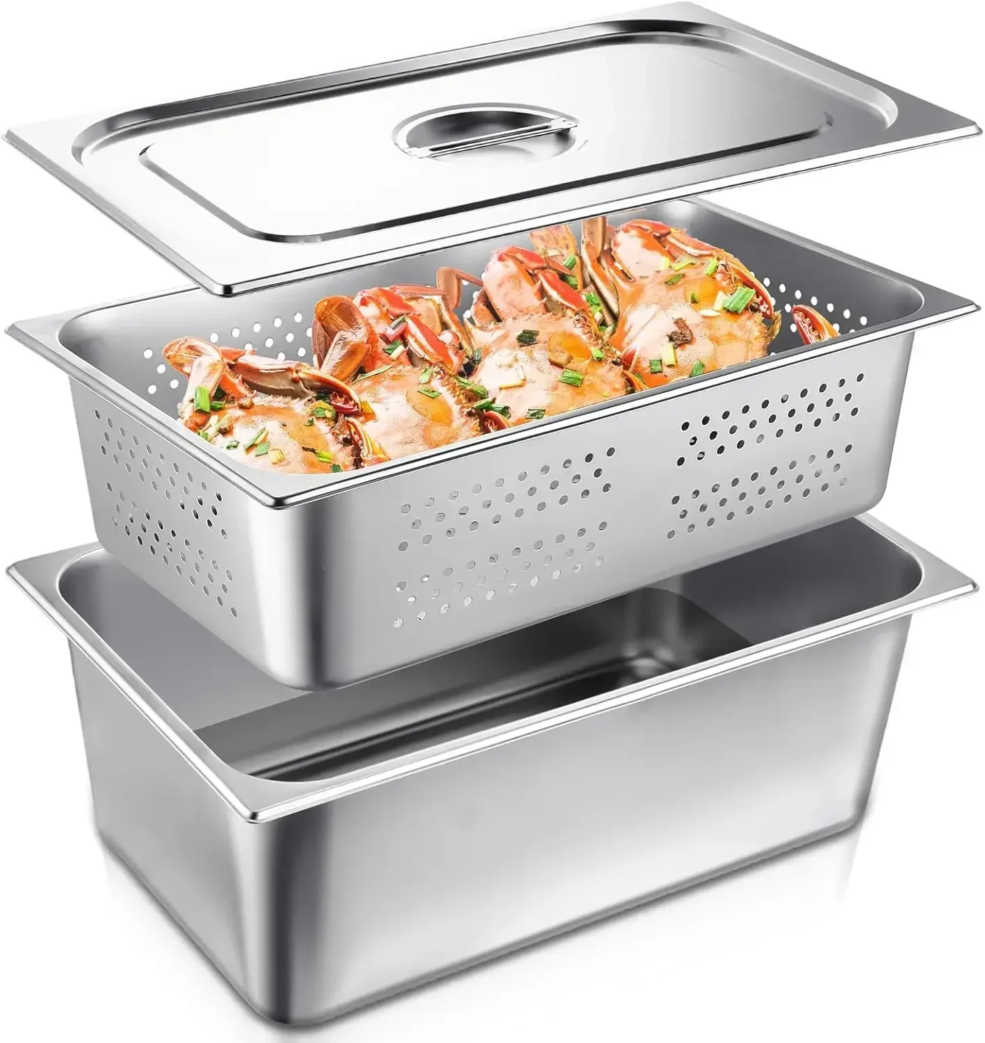 

3 Pack Full Size 6 Inch, 8 Inch Hotel Pan with Lid Perforated Steam Table Pan Restaurant Supplies for Kitchen