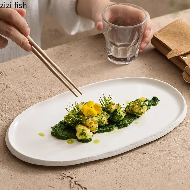 Stone Patterned Ceramic Oval Plate Pure White Steamed Fish Plate Sushi Dish Dessert Cake Plates Molecular Cuisine Display Plates