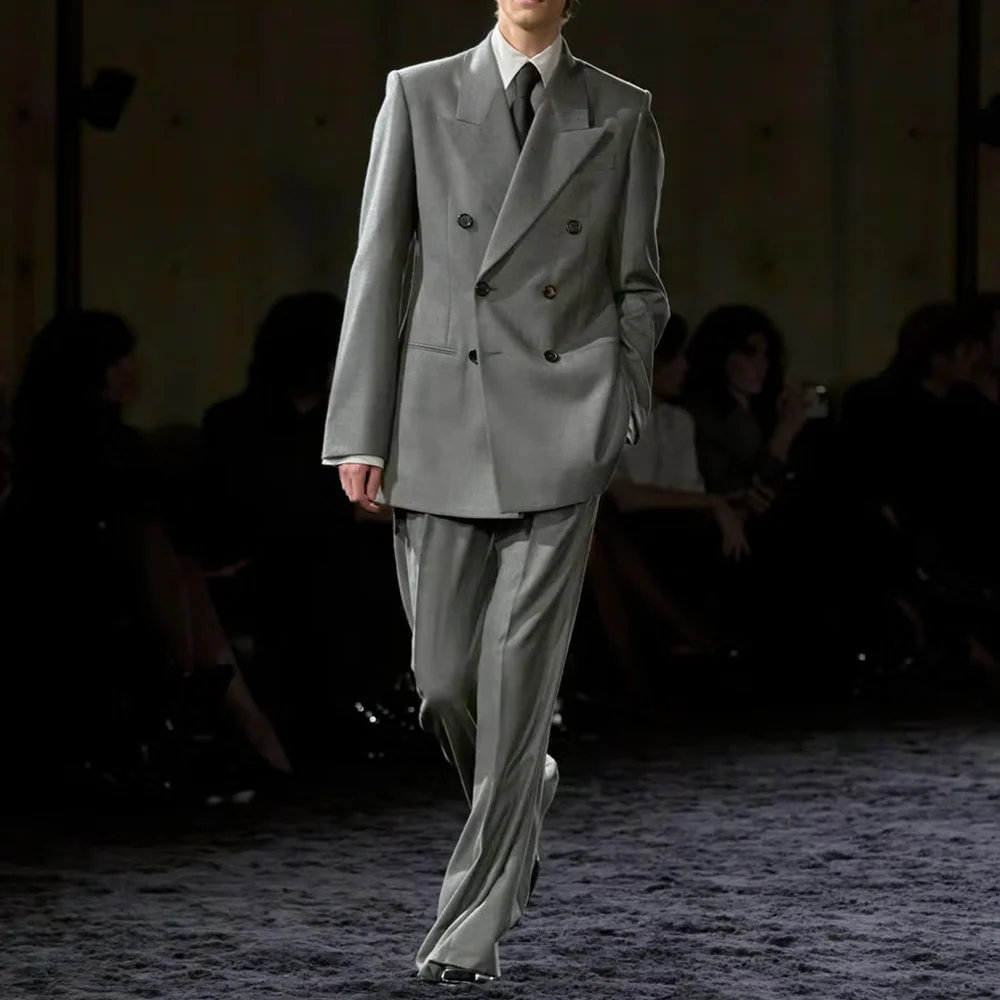 High-end Grey Double Breasted Men Suit Two Piece(Jacket+Pants) Lapel Outfits Chic Casual Party Prom Wedding Set