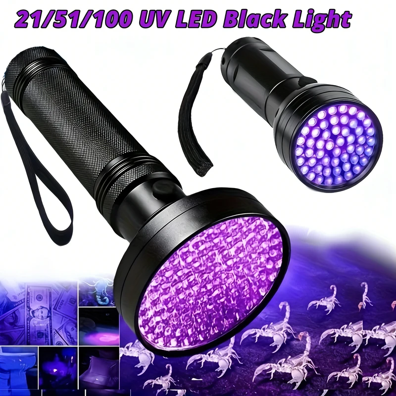 

УФ-фонарик 21/51/100 светодиодный УФ-свет 395 нм УФ-фонарики Ультрафиолетовый фонарик детектор черного света для сухих домашних животных пятен мочи ошибка