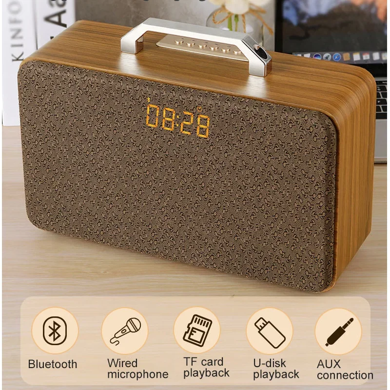 

Retro HIFI Stereo Bluetooth Speaker Portable Wireless Vintage Wooden Audio Music Player Shocking Bass Speakers with Alarm Clock