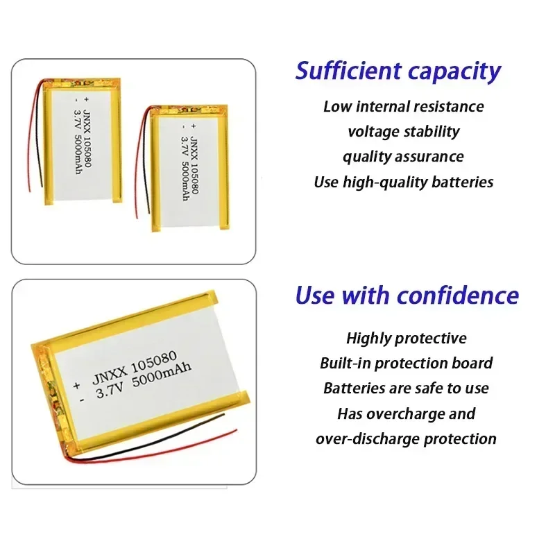 

Lithium Polymer 3.7V 5000mAh 105080 Li-Po Lithium Ion Rechargeable Battery for MP3 MP4 MP5 GPS Power Bank Mobile Phone Bluetooth