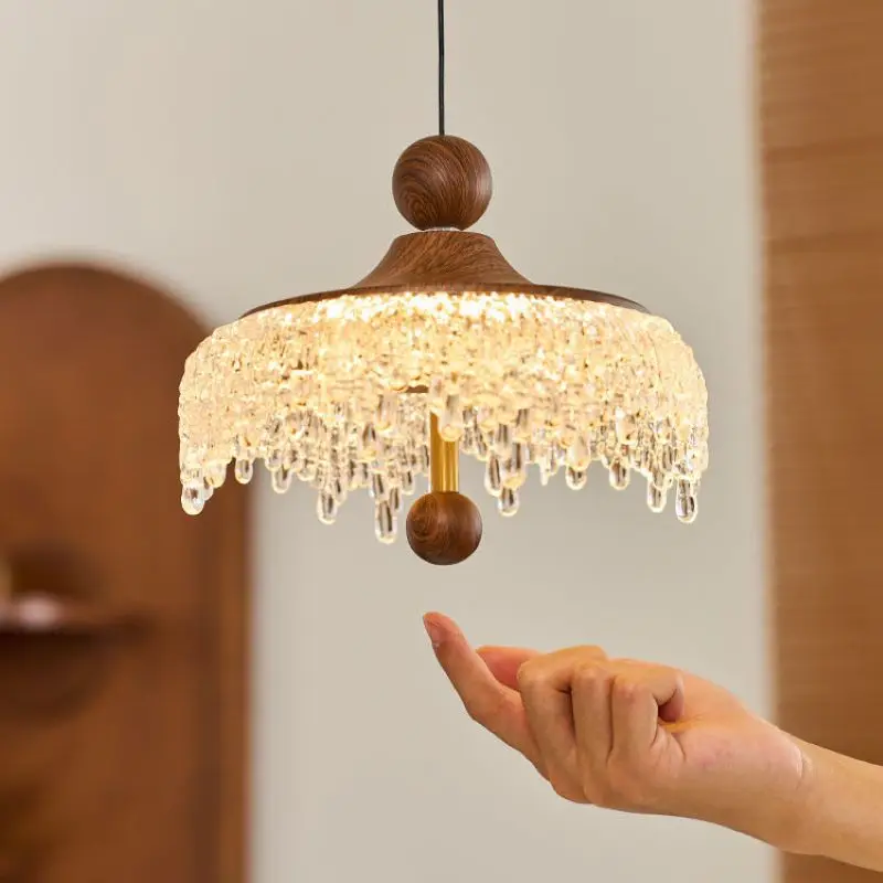 

SANDYHA Retro Water Drop Pendant Light Chandeliers Creative Walnut Color LED Lamp for Restaurant Bedroom Bar Study Room