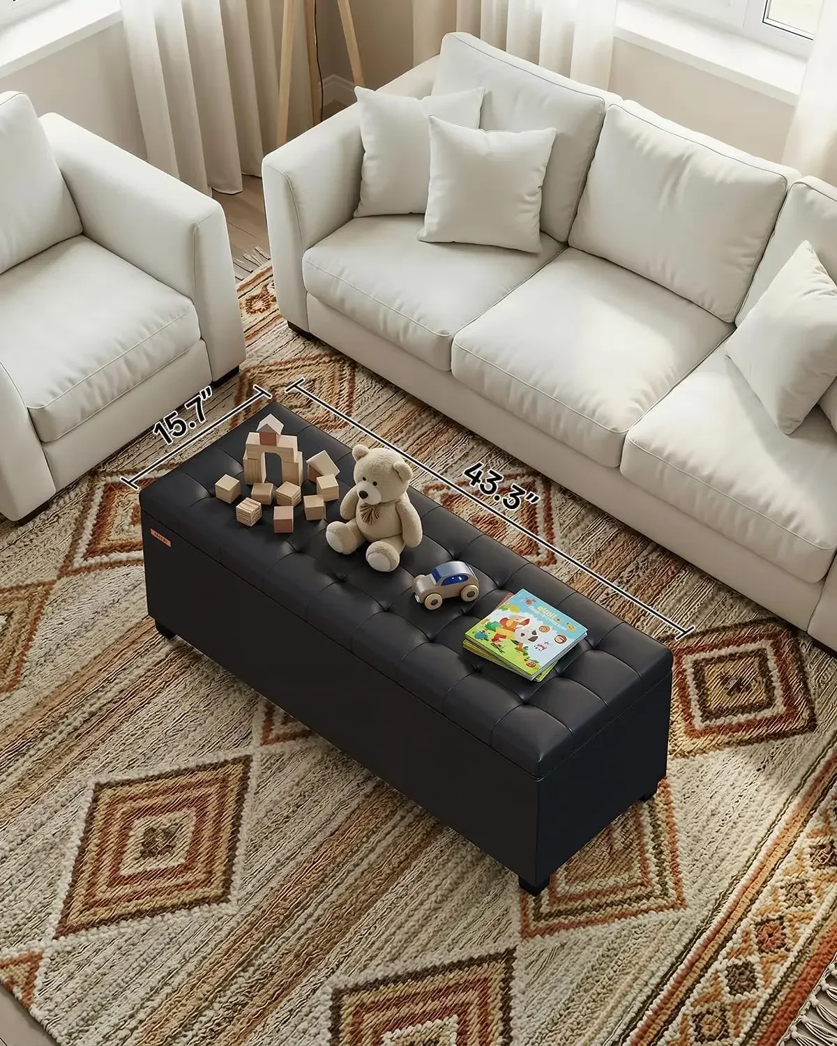 Black Synthetic Leather Storage Ottoman Bench Metal Frame Legs Large Chest 43.5W 15.7D 15.7H 770LB Weight Capacity