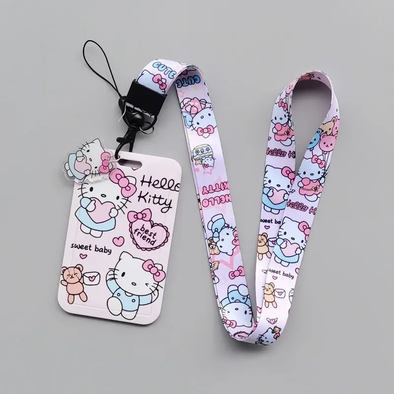 New Hello Kitty Anime Figures Card Wallets Kawaii Cartoon Peripherals Id Card Holders Action Figure Long Rope Credential Holder