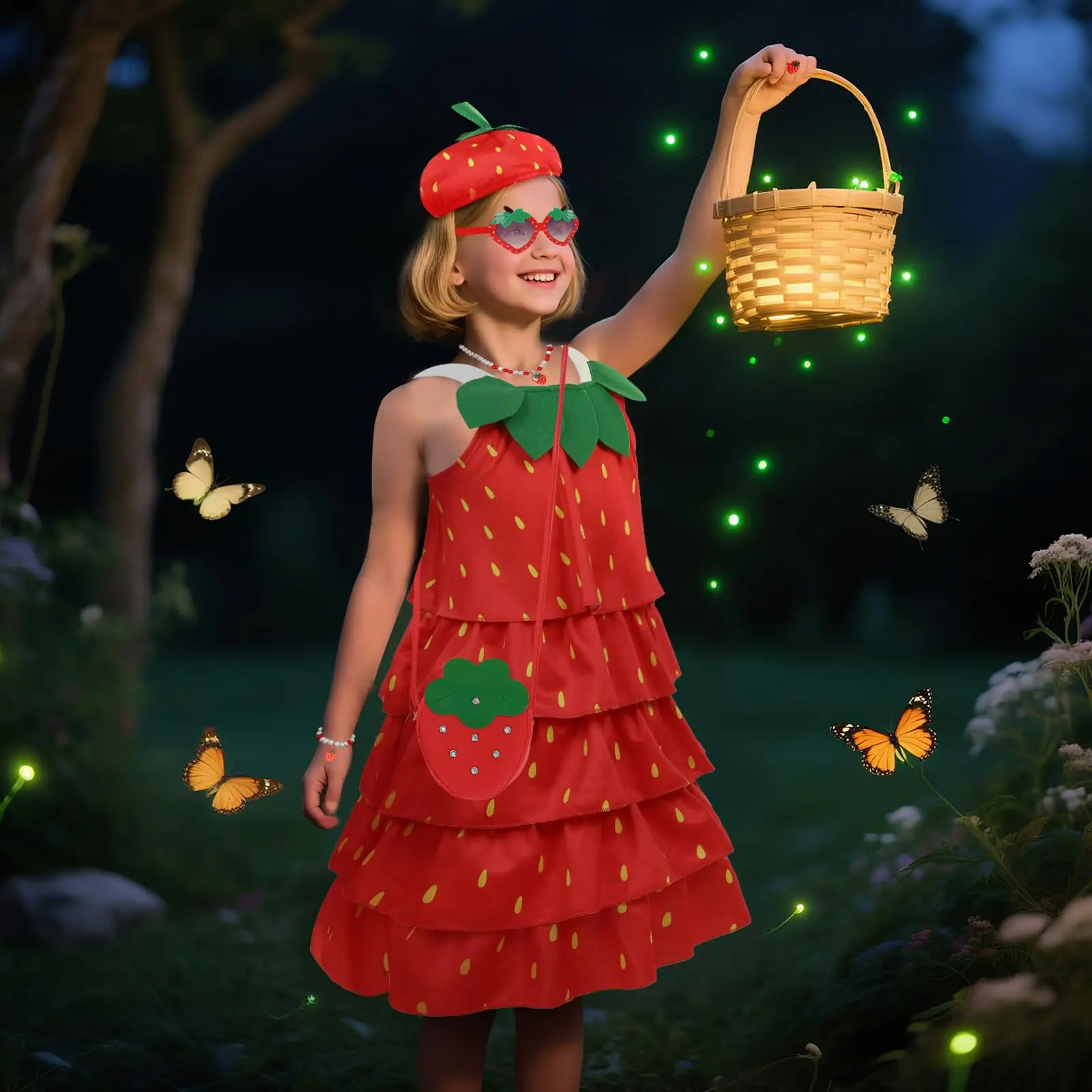 Boys Girls Halloween Strawberry Costume Girls Fruit Dress with Hat Funny Costumes Accessory Cosplay Party Dress Up