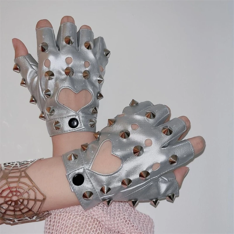 Punk Style Rivet Studded Half Finger Gloves for Women PULeather Performances Gloves for Dance Motorcycle Riding Gloves