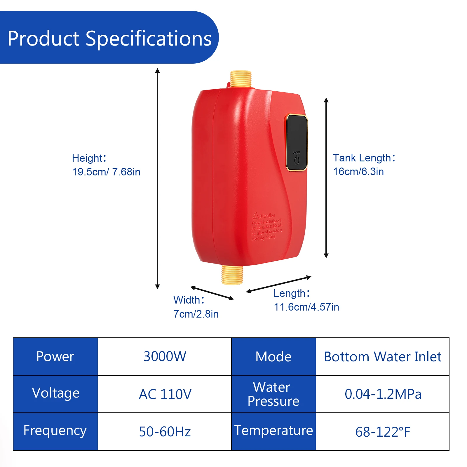 Mini água quente sem tanque elétrica para cozinha, portátil, 3.0KW, 110V