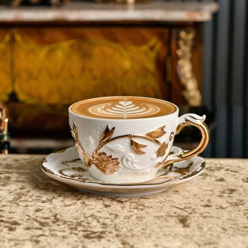 Villari Style Raised Relief Gold Trim Porcelain Coffee Cup Teapot Creamer Sugar Bowl Set Luxury Afternoon Tea Gift Box