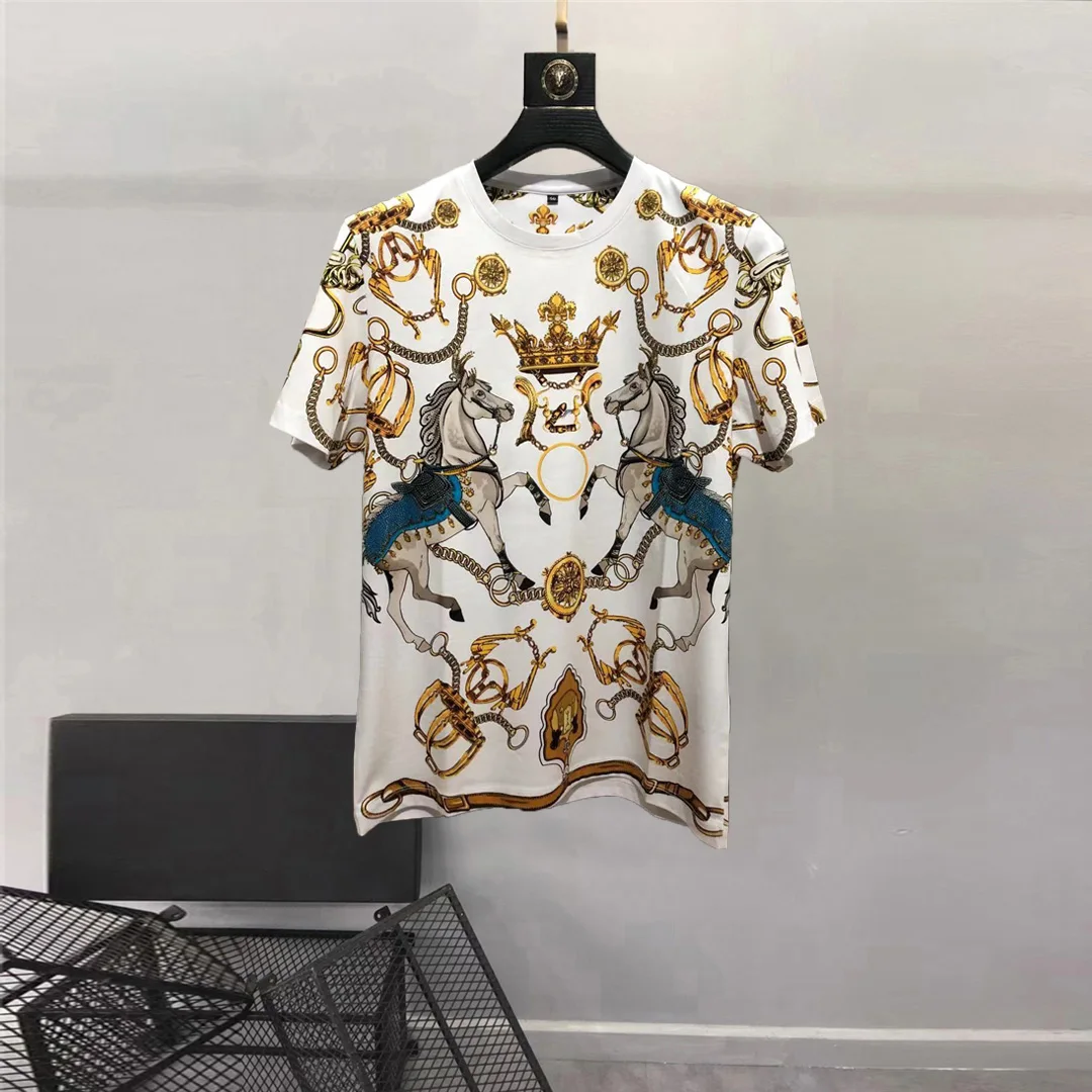 European and American men's wear summer 2024 new Court chain printing with short sleeve and round collar Fashion T-shirt