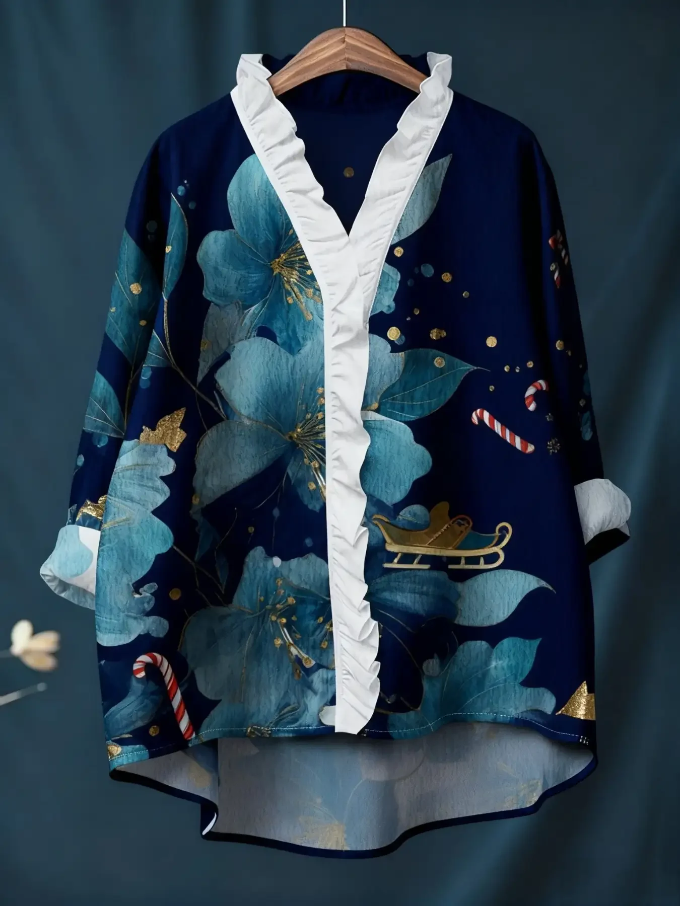 New women's printed long sleeved shirt with ruffled neckline, Multi functional daily and formal occasions wear,