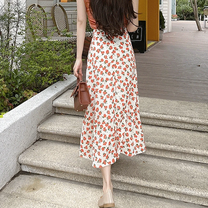 Women Clothing 2024 New Summer Stylish Floral Print High Waist Elegant Midi Skirts Female Casual Sweet Chic Pleated A Line Skirt