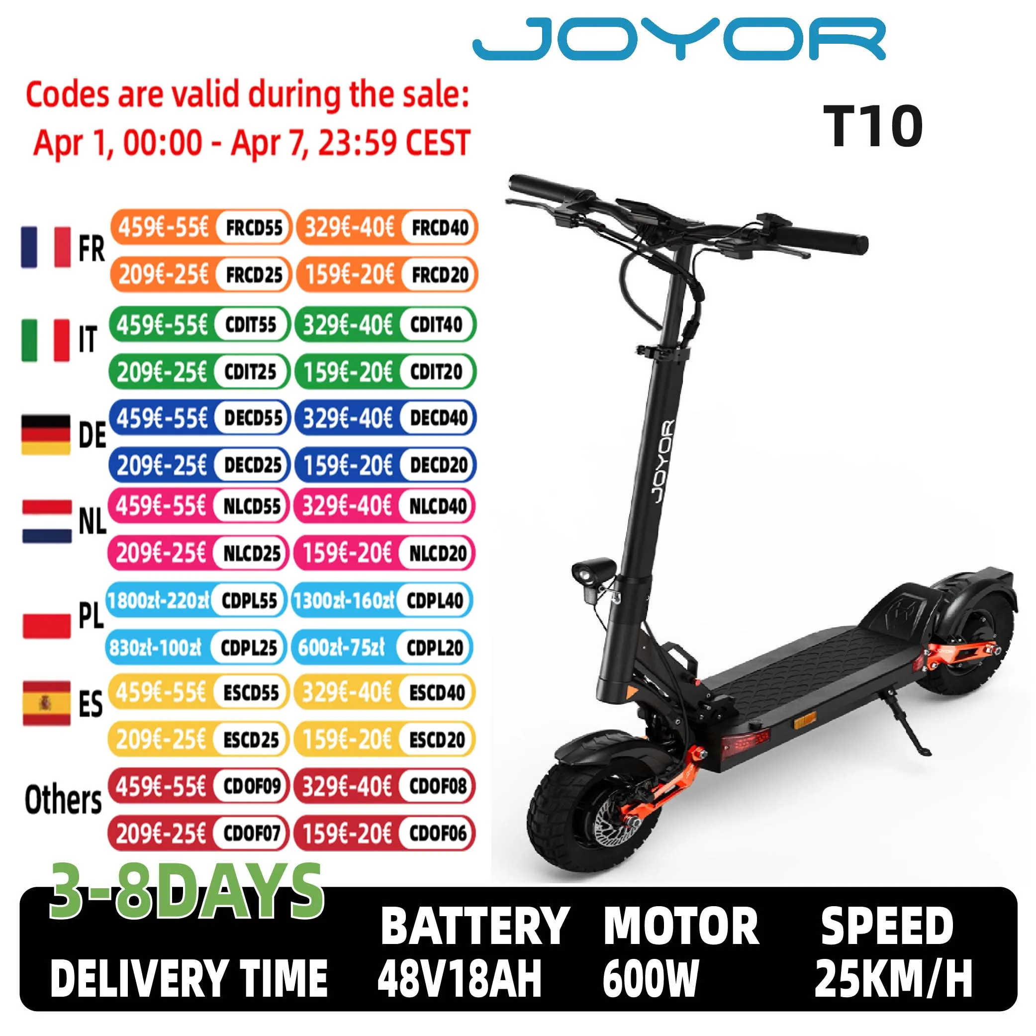JOYOR T10 adulte Scooter électrique 1000W * 2 moteur 60V18AH batterie tout-terrain skateboard 10 "pneu tout-terrain pliable e-scooter