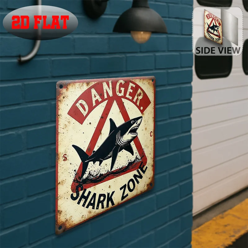 Vintage Metal Tin Sign, Danger Shark Zone Warning Shark Silhouette Rust Square Plaque, 2D Flat Beach Ocean Retro Wall Decor