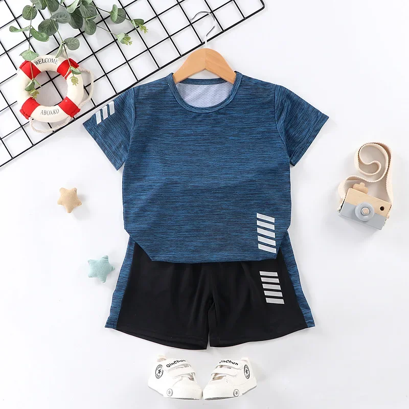 Summer Kids Clothes Boys and Girls Tracksuit Quick Drying T-Shirt and Shorts 2pcs Sets Side Striped Ventilate Training Kid Suits