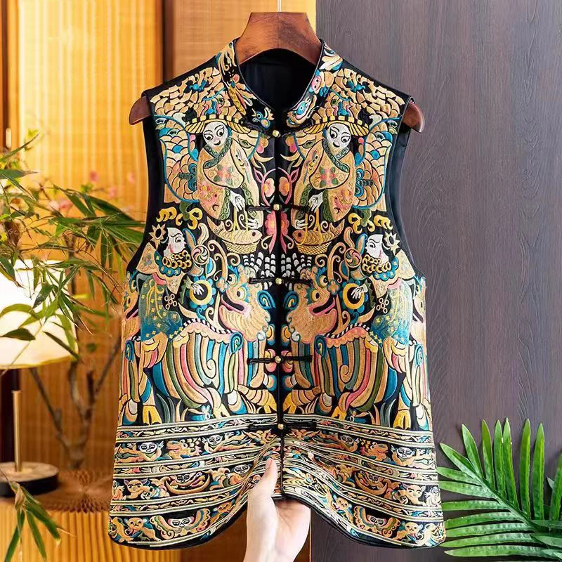 

Embroidered Chinese Style Acetate Vest Women Spring 2024 Luxury Retro O-Neck Beading Single Breasted Sleeveless Top S-XXL