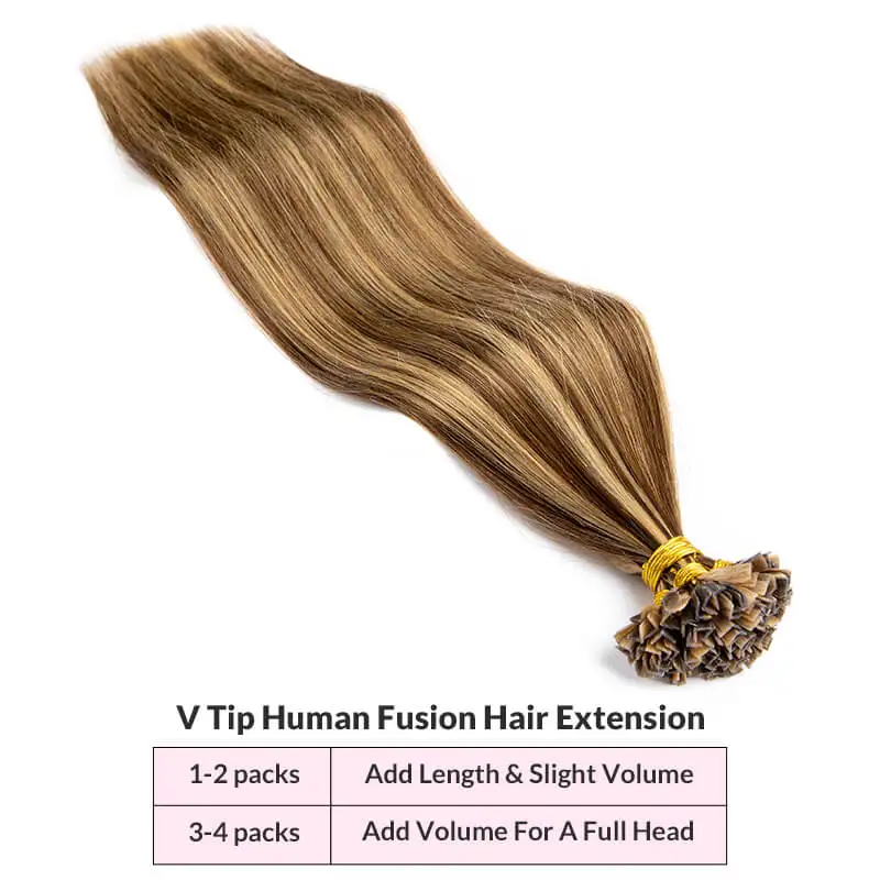 Extensiones de cabello humano de fusión recta para mujer, 12-24 pulgadas, Keratina, punta en V, Remy, Color marrón y Rubio, 50 piezas