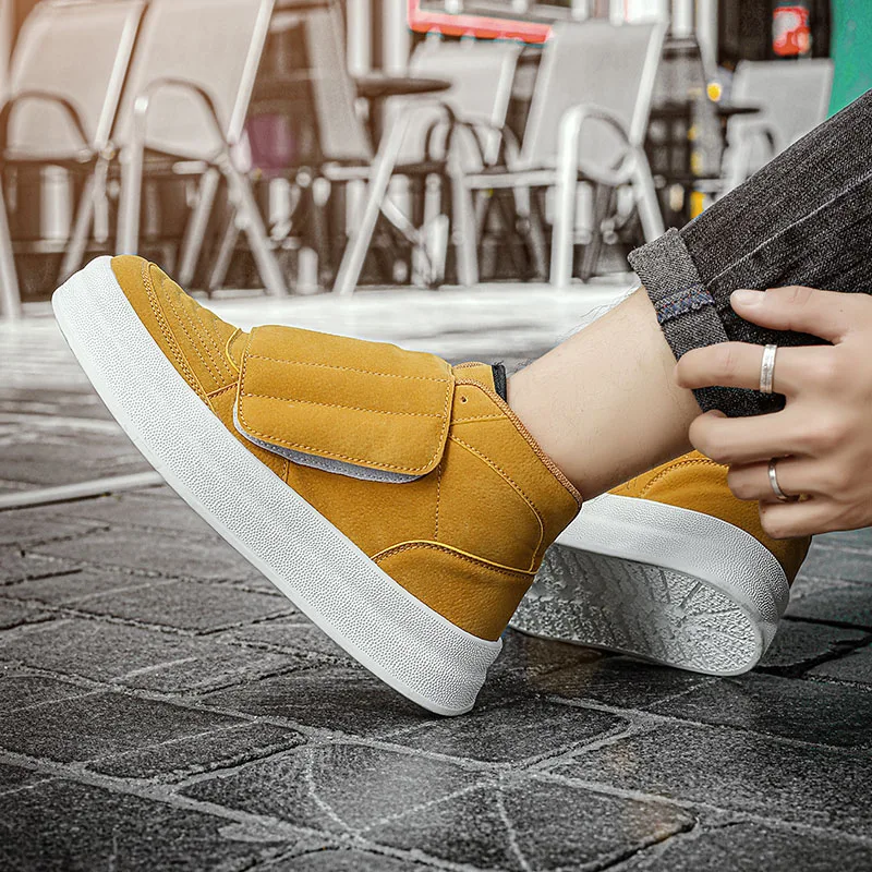 New Yellow Suede Leather Shoes For Men Size 45 Fashion Hook and Loop Platform Sneakers Men Autumn Men\'s High top Casual Shoes