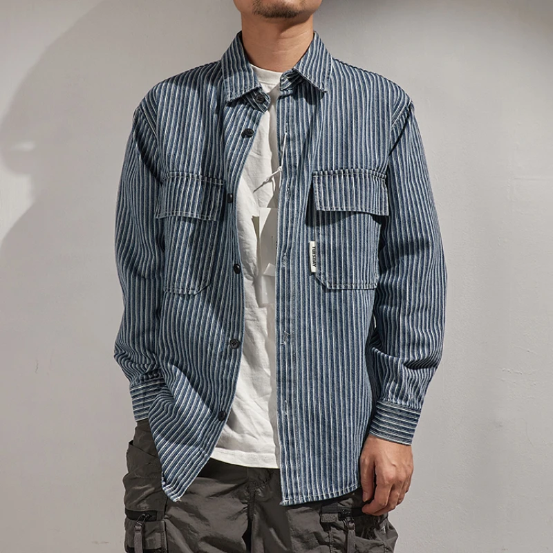 

Striped Denim Long Sleeve Shirt Men's Loose Tide Brand Plus Size Casual Shirt Retro Tooling Coat