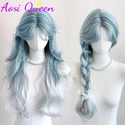 AosiQueen Long Body Wave Ombre Mmint Blue Cosplay Wigs Heat Resistant Synthetic Wigs Middle Part Natural Lolita Wigs For Women