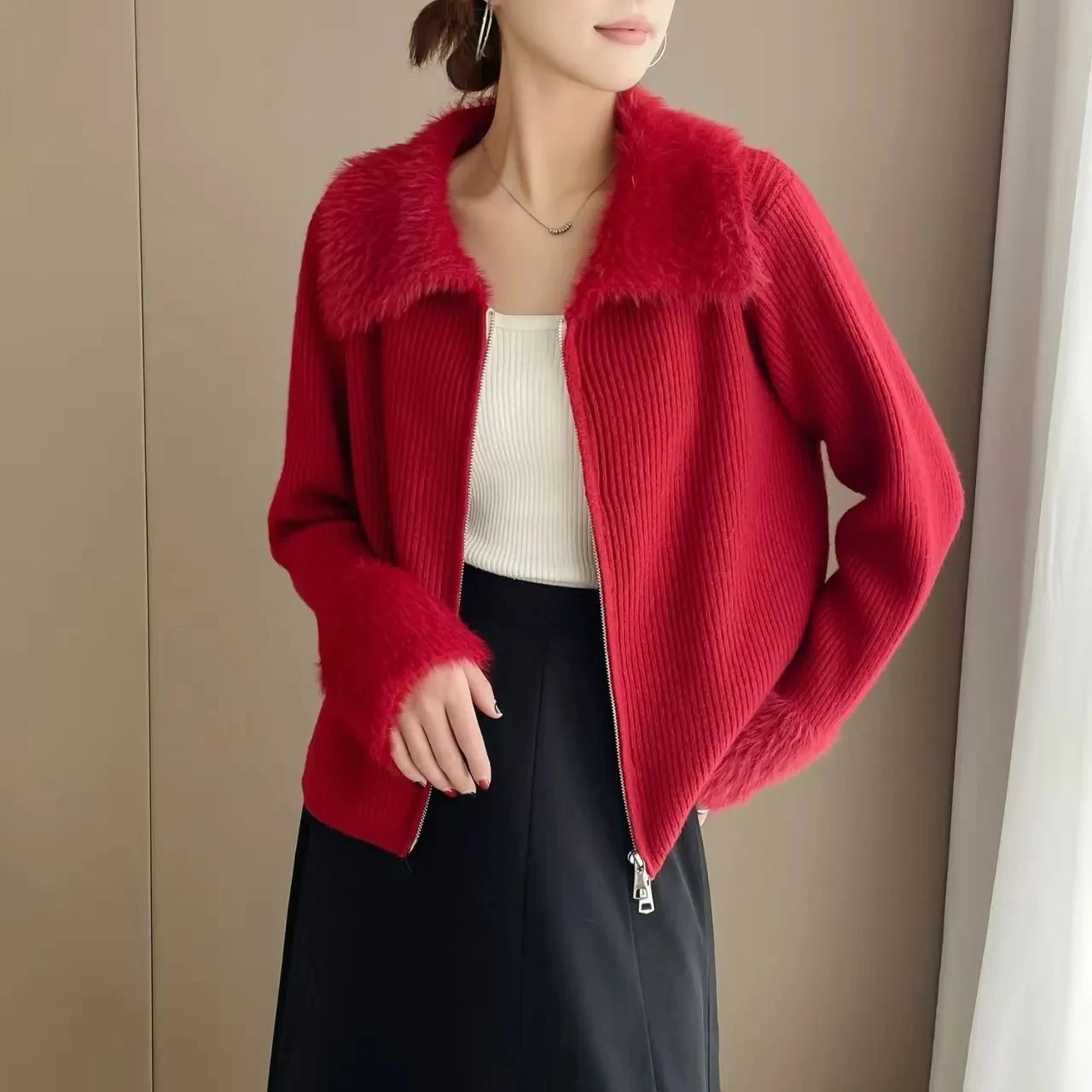 

Women Casual Wild Knitted Zipper Cardigan Sweater Fashion Laple Long Sleeve Loose Sweater 2025 Solid Fur Collor Cardigan Coat