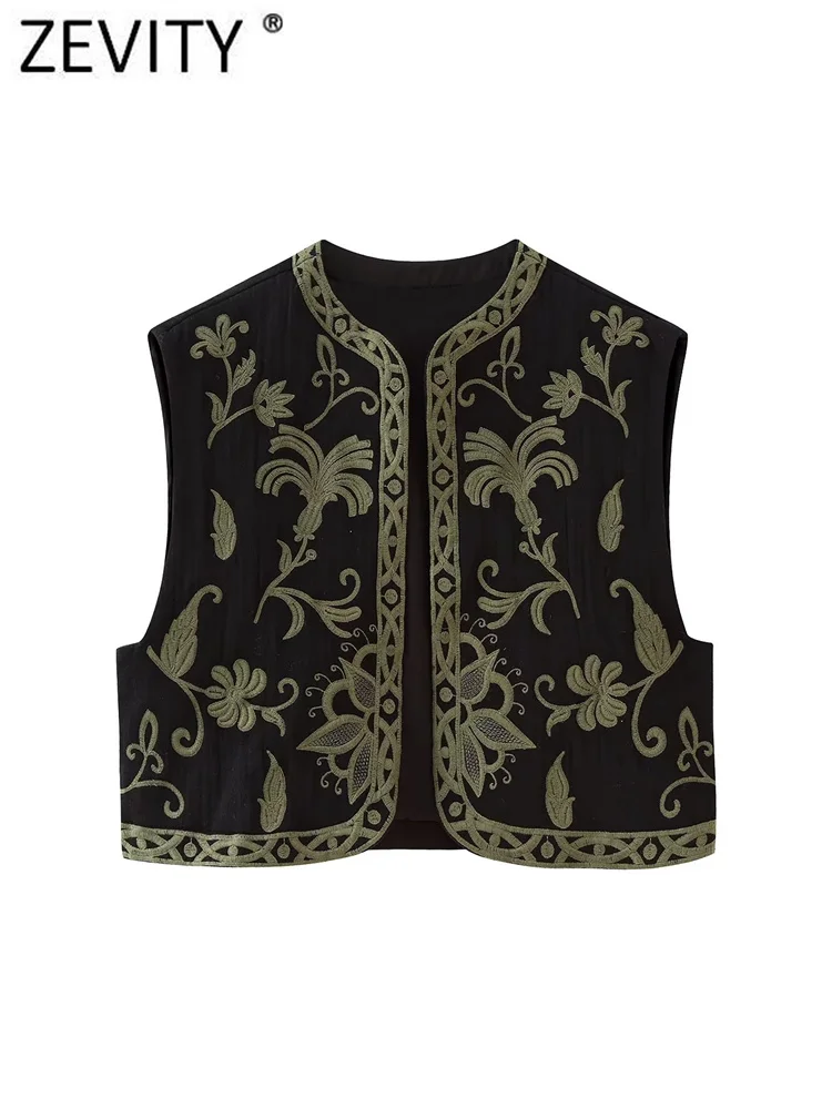 Zevity New Women Vintage O Neck Flower Embroidery Short Vest Jacket Ladies Sleeveless Casual Cardigan WaistCoat Crop Tops CT5359