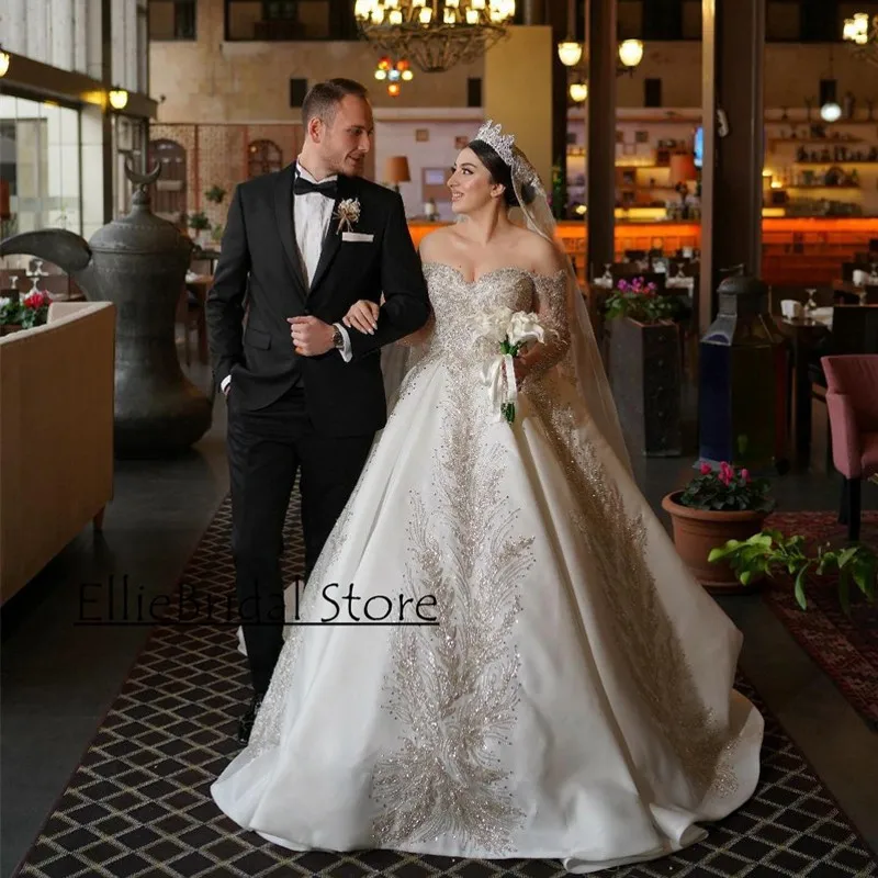 Impresionantes vestidos de novia para mujer, vestidos de novia Vintage de Dubái con cuentas de lentejuelas, vestido de novia de manga larga personalizado 2024