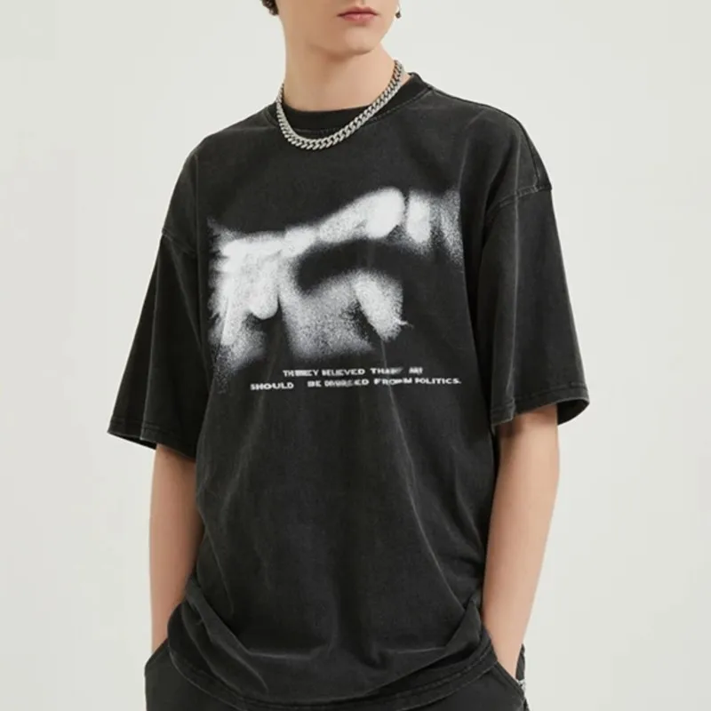 Vintage Blurry Letters Graphic T-Shirt 2024 Men Hip Hop Streetwear Oversized Cotton Washed Black T-shirt Gothic Tops Tees Y2K