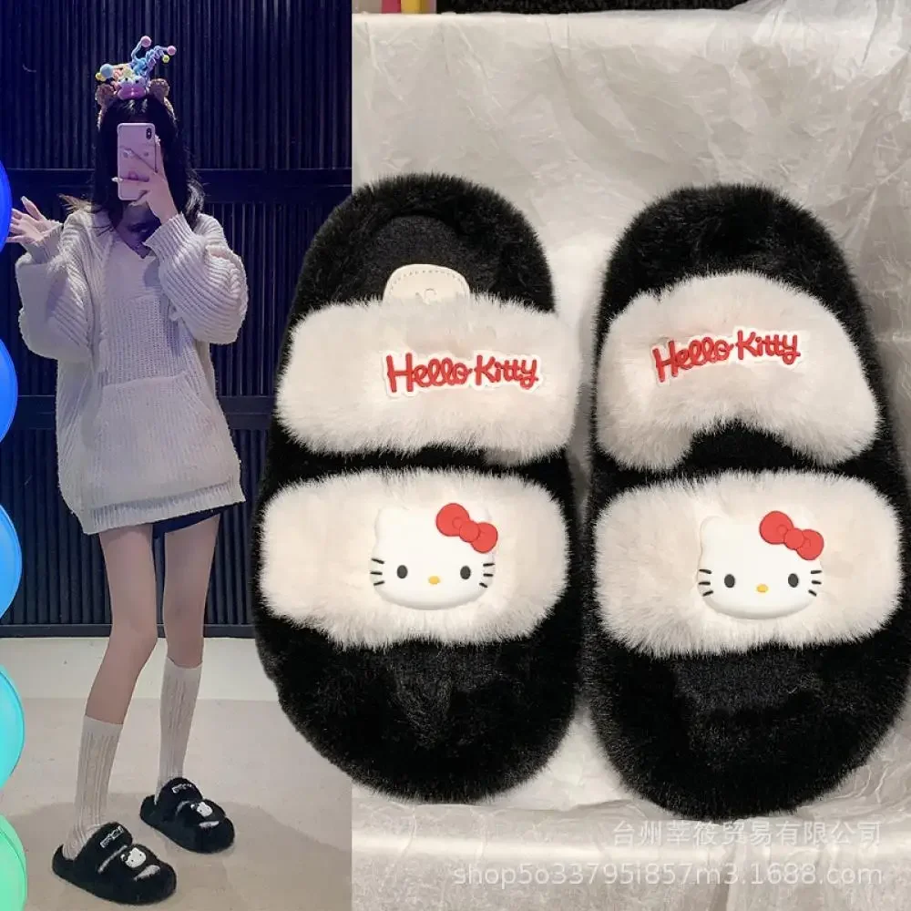 Süße Hello Kitty Plüsch Baumwolle Hausschuhe Sanrio Frauen Winter Indoor Kt Samt warme Pelz Schuhe Haushalt dickbesohlte Mädchen Hausschuhe