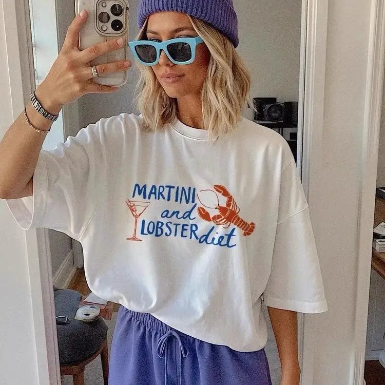 

American Retro Vintage Fun Hand-painted Crayfish Print, Loose European and American Hot Girl T-shirt, Trendy Girls, Pure Cotton