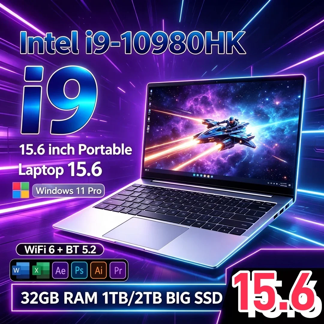 15.6 Inch 2026 Reliable Intel i9-10980HK Office Study Laptop 16GB/32GB RAM Windows11 Portable Laptop 1/2TB Large SSD