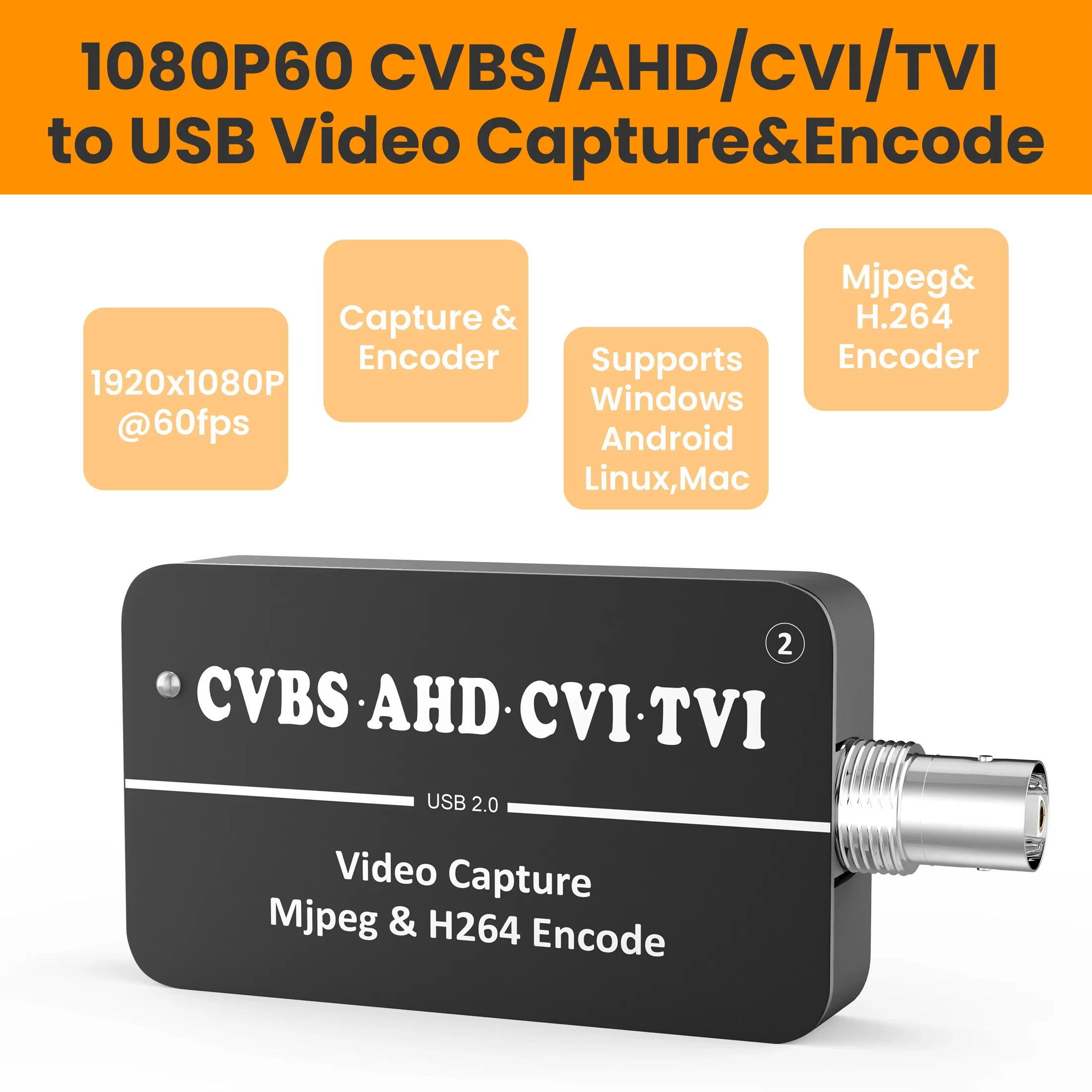 Karta przechwytywania wideo analogowego HD 1080P60, CVBS/AHD/CVI/TVI do USB 2.0, enkoder Dual Stream H.264 i MJPEG, zgodny z UVC, LCC261