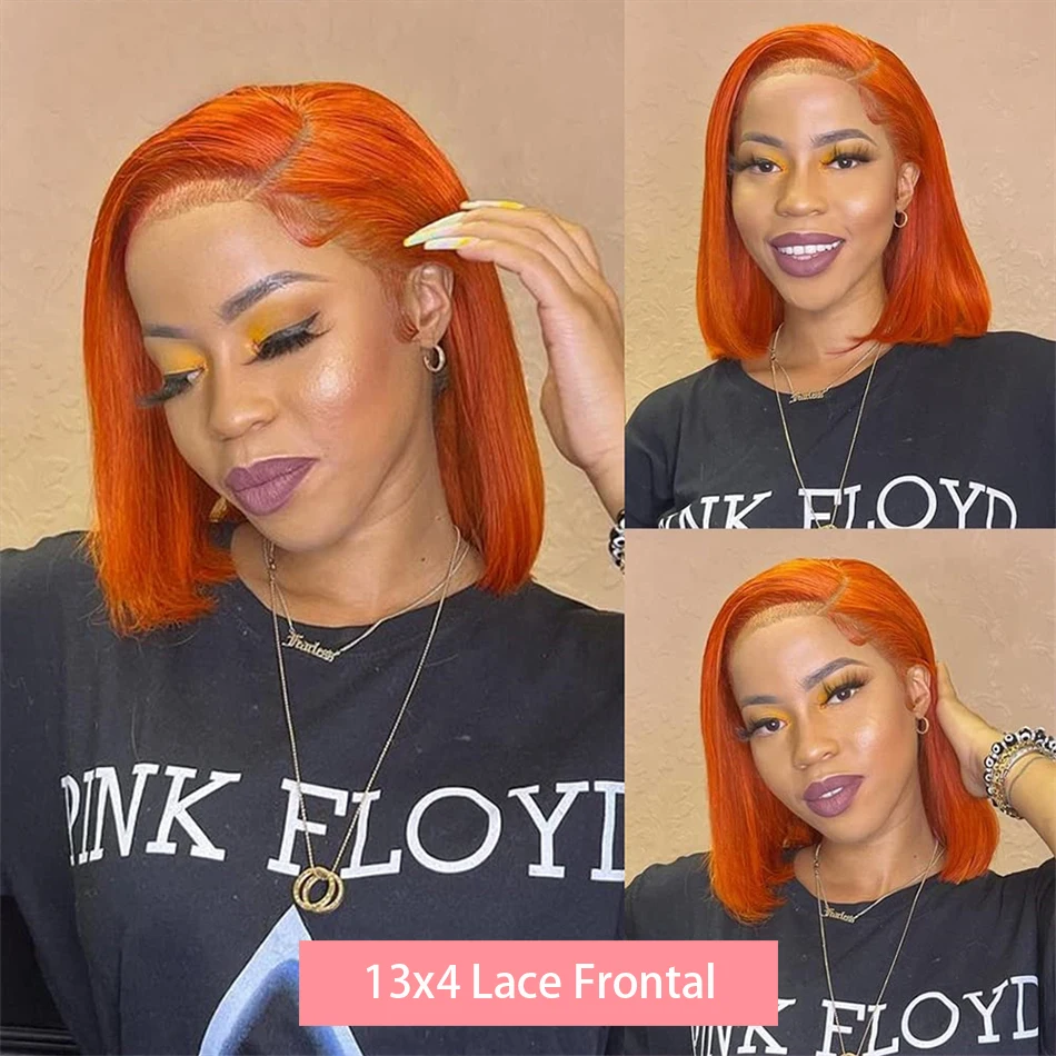 Bone Straight Short Bob 13x4 Lace Frontal Wigs 350 Dark Orange Colored Remy 100% Human Hair Transparent Lace Front Wig 14 Inch
