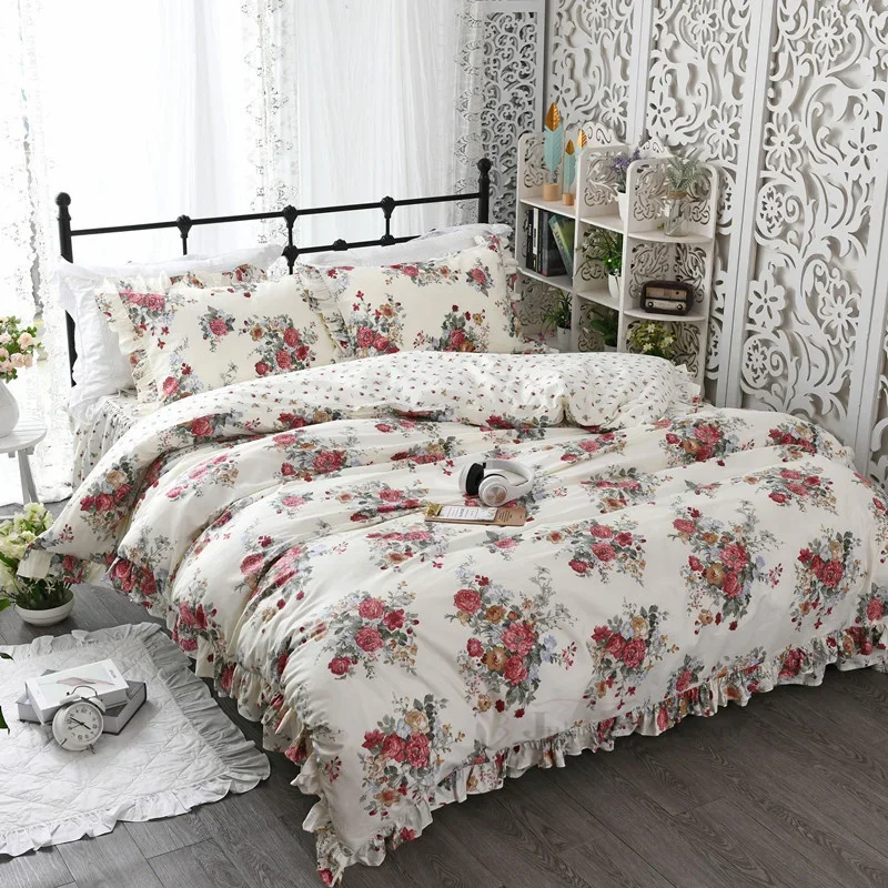 Garden Flower Print King Size Bedding Set Ruffle Duvet Cover Bed Sheet Princess Bed Linens Bedding Set Queen Comforter Sets