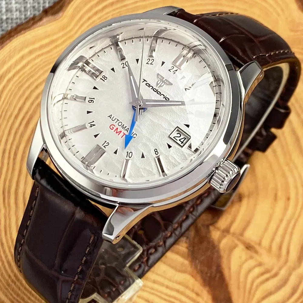 Tandorio Watch NH34A GMT Automatic Men's Watch Silver Hand Dome Sapphire Crystal Sport Wristwatch Glass Back Elegance Rejor