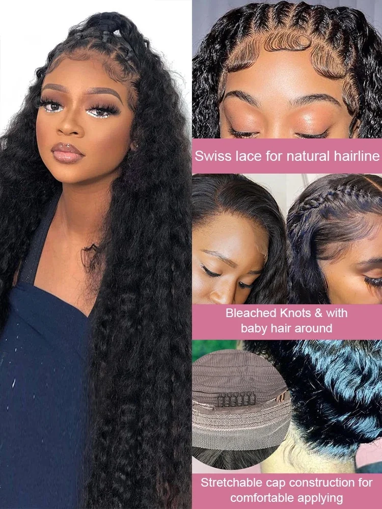 220 Density Curly 13x6 HD Transparent Deep Wave Lace Front Wig Human Hair For Black Women 40 44 Inch Pre Plucked Brazilian Hair image 3