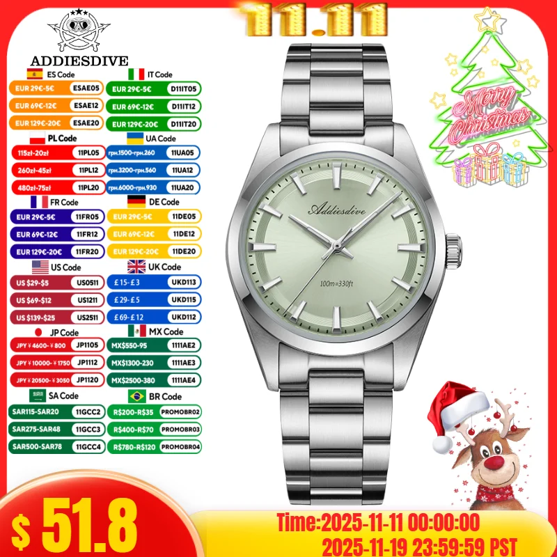 

ADDIESDIVE 36mm Men Watch 316L Stainless Steel 100mWaterproof AD2066 BGW9 Super Luminous VH31 Bubble Mirror Glass Quartz Watch