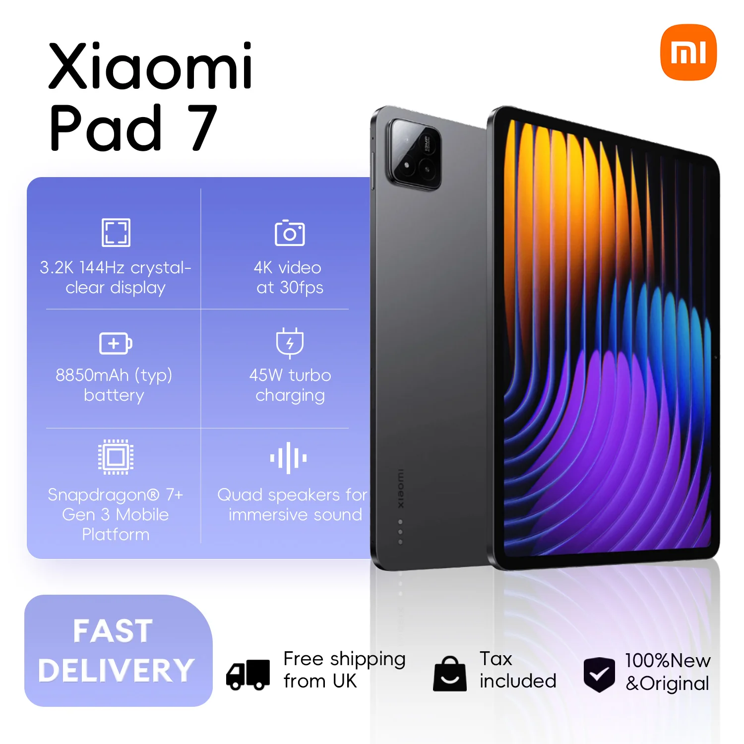 Xiaomi Pad 7 8+128GB WIFI الإصدار العالمي 3.2K 144 هرتز 11.2 بوصة تابلت Snapdragon 7+ Gen3 كريستال شفاف 8850 مللي أمبير (نوع) 45 وات Hyper OS