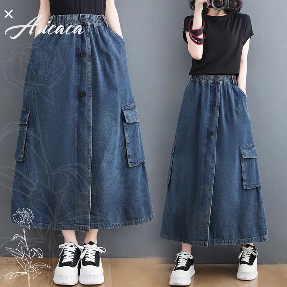 

Aricaca Women Fashion Casaul Stretch Cargo Long Length Denim Skirt Blue Washed Denim Jeans Skirt