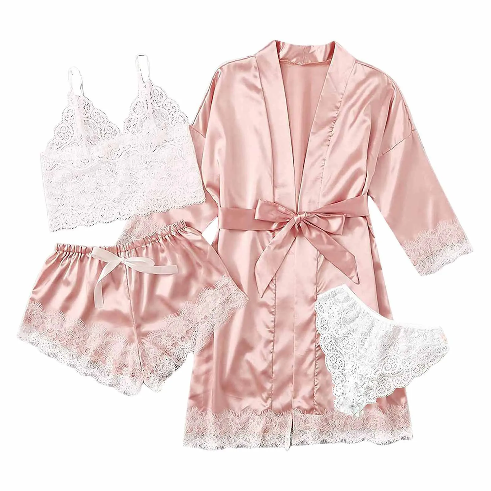 4Pcs/Set Women\' Silk Satin Pajamas Set Lingerie Sexy Floral Lace Cami Spaghetti Strap Top and Satin Shorts with Robe Sleepwear