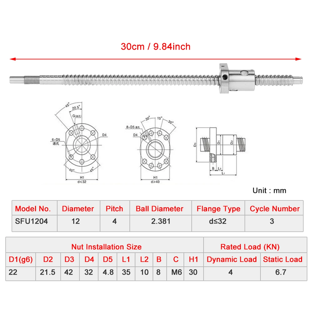 مكافحة عارية الذراعين Ballscrew SFU1204 300mm توالت Ballscrew Ballnut AntiBacklash دون نهاية جانبية يدعم توالت Ballscrew Ballscrew
