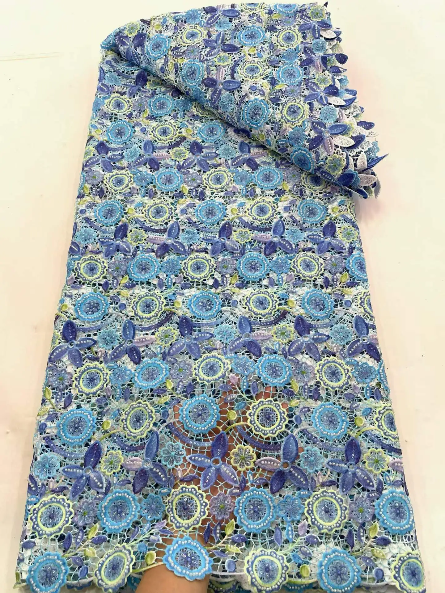 Blue African Guipure Cord Lace High Density Printing Fabric 5Yard Classic Nigerian Style For Wedding Party Garment Making