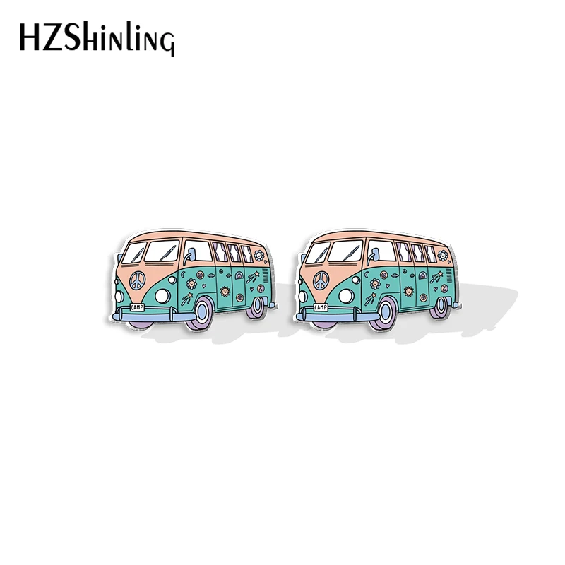 2023 New Hippie Van Stud Earring Travel Bus Acrylic Resin Earrings Epoxy Handmade Jewelry Gifts Friends