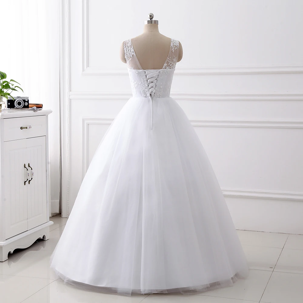 Cheap Simple A Line Satin Netting Tulle V Neck  Floor Length Applique Sequin Beading Wedding Dresses Bridal Gown Corset Back