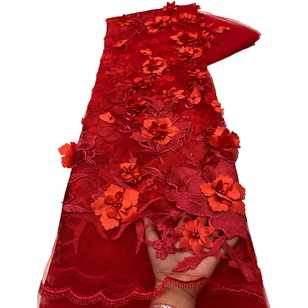Tela de encaje con cuentas de tul francés, tela de encaje africano 2024, bordado nigeriano de alta calidad, tela de encaje de flores 3D para costura