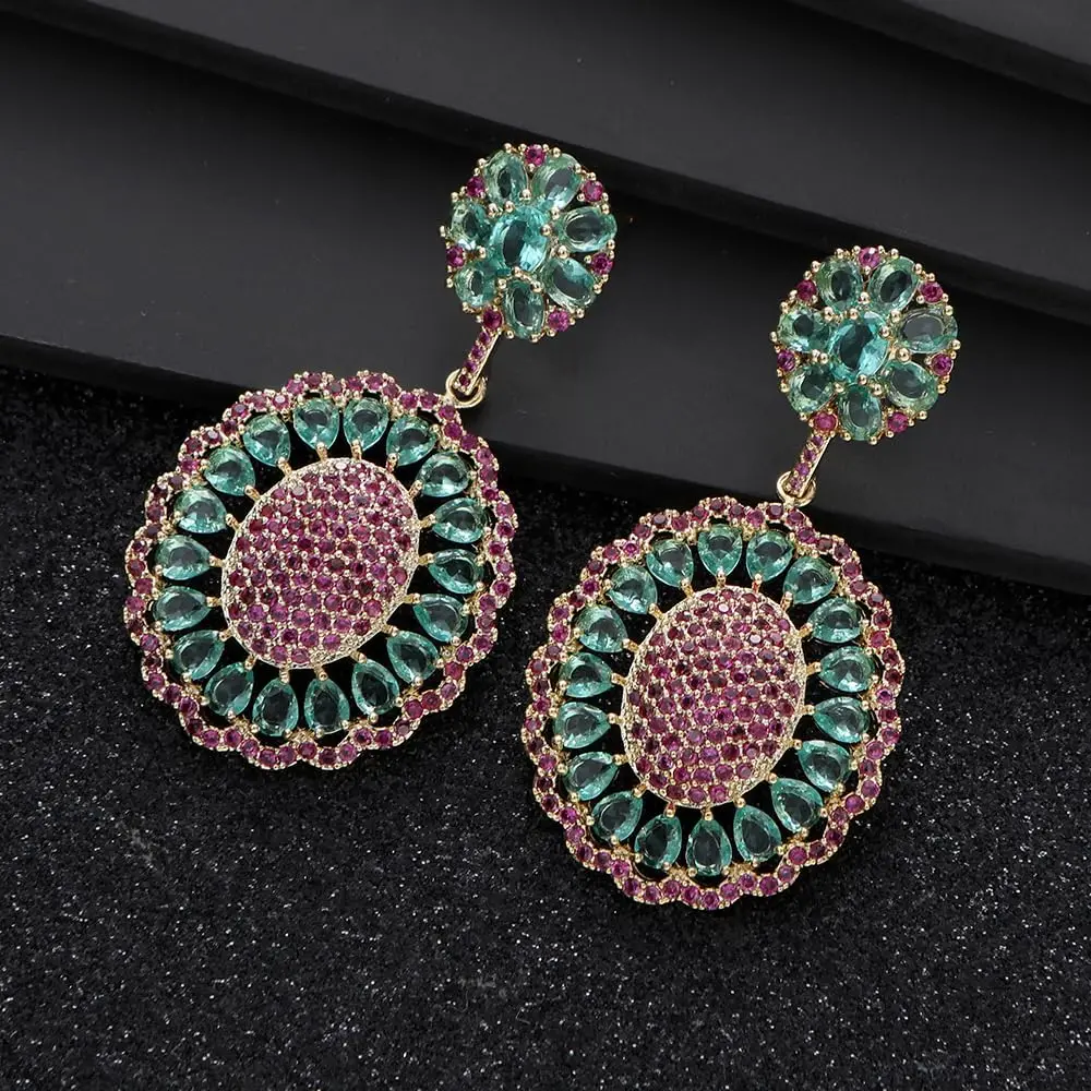 EVACANDIS Crystal Flower Daisy Red Green Colorful Handmade Gemstone Gold Plated Drop Dangle Earrings for Women Wedding Statement